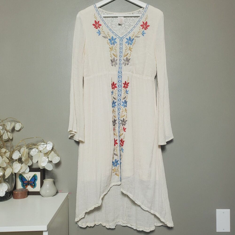Flying Tomato Dress Womens Size Large Cream Floral Embroidered Flowy Boho READ
